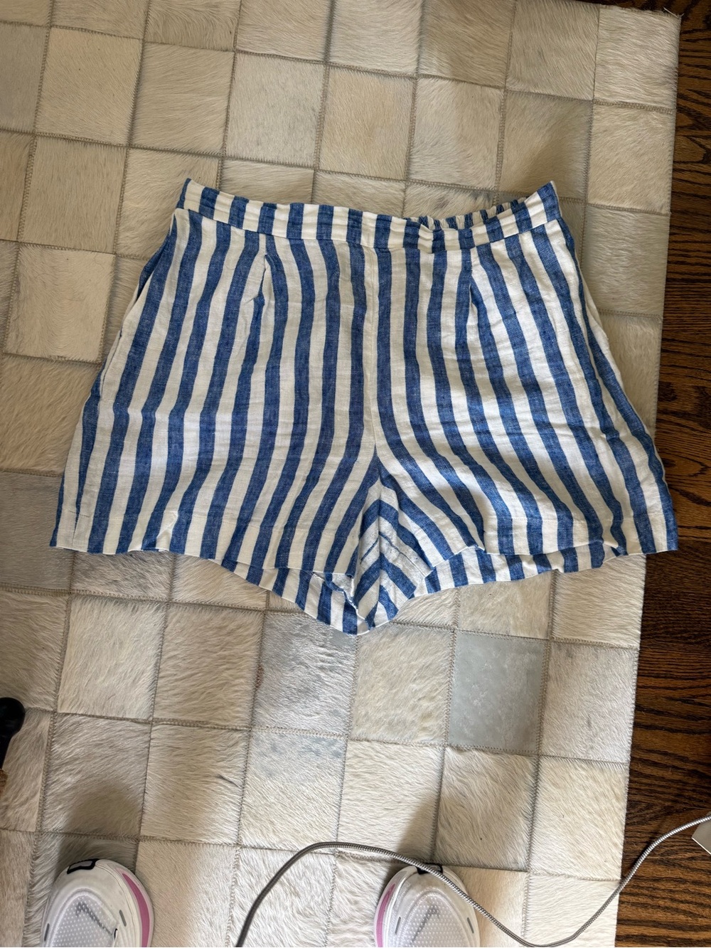 Boden Blue and White Vertical Stripe High-Waist Shorts